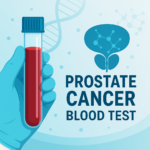 Illustration of a prostate cancer blood test with a test tube, DNA strand, and prostate icon